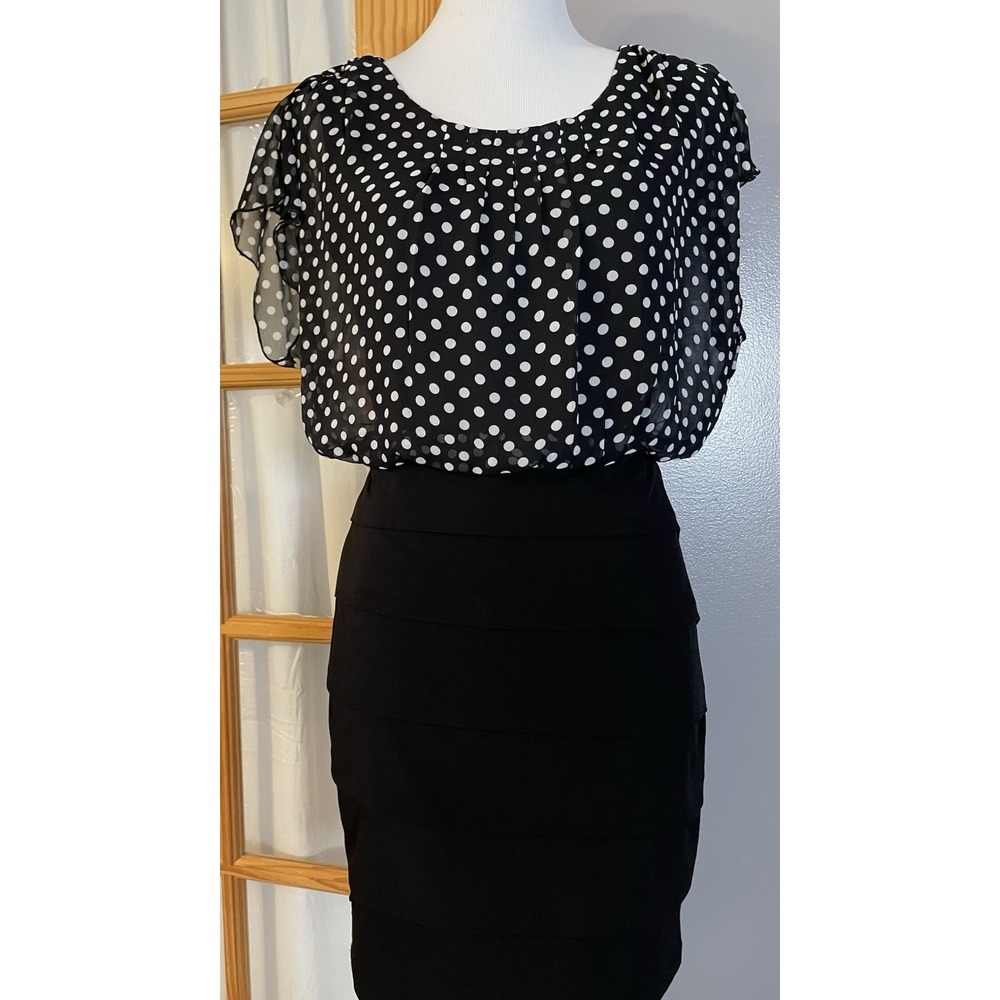 Unfocus Studio Blouson Dress 10P Pleated Black Sheer Polka Dots Tank Lining City